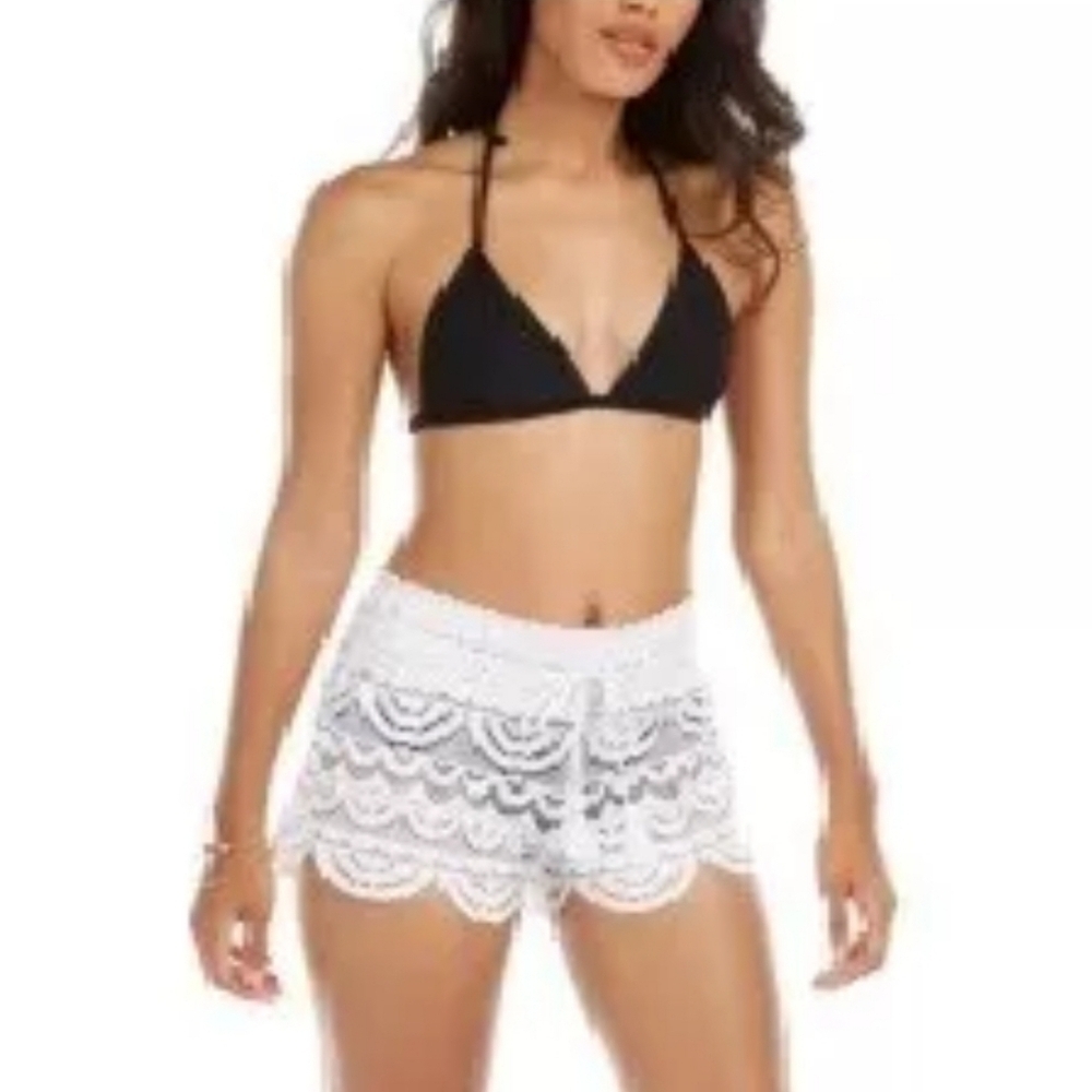 Miken Juniors Scalloped Lace Cover Up Beach Shorts White $40 Sz S